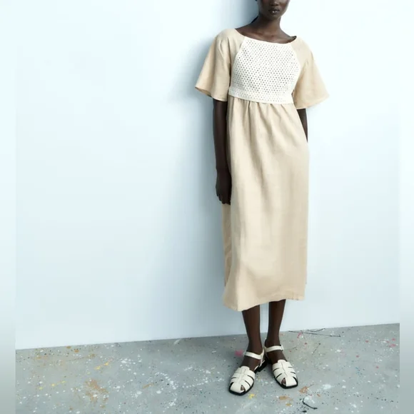 ZARA MIXED LINEN BLEND KNIT DRESS - Picture 1 of 9